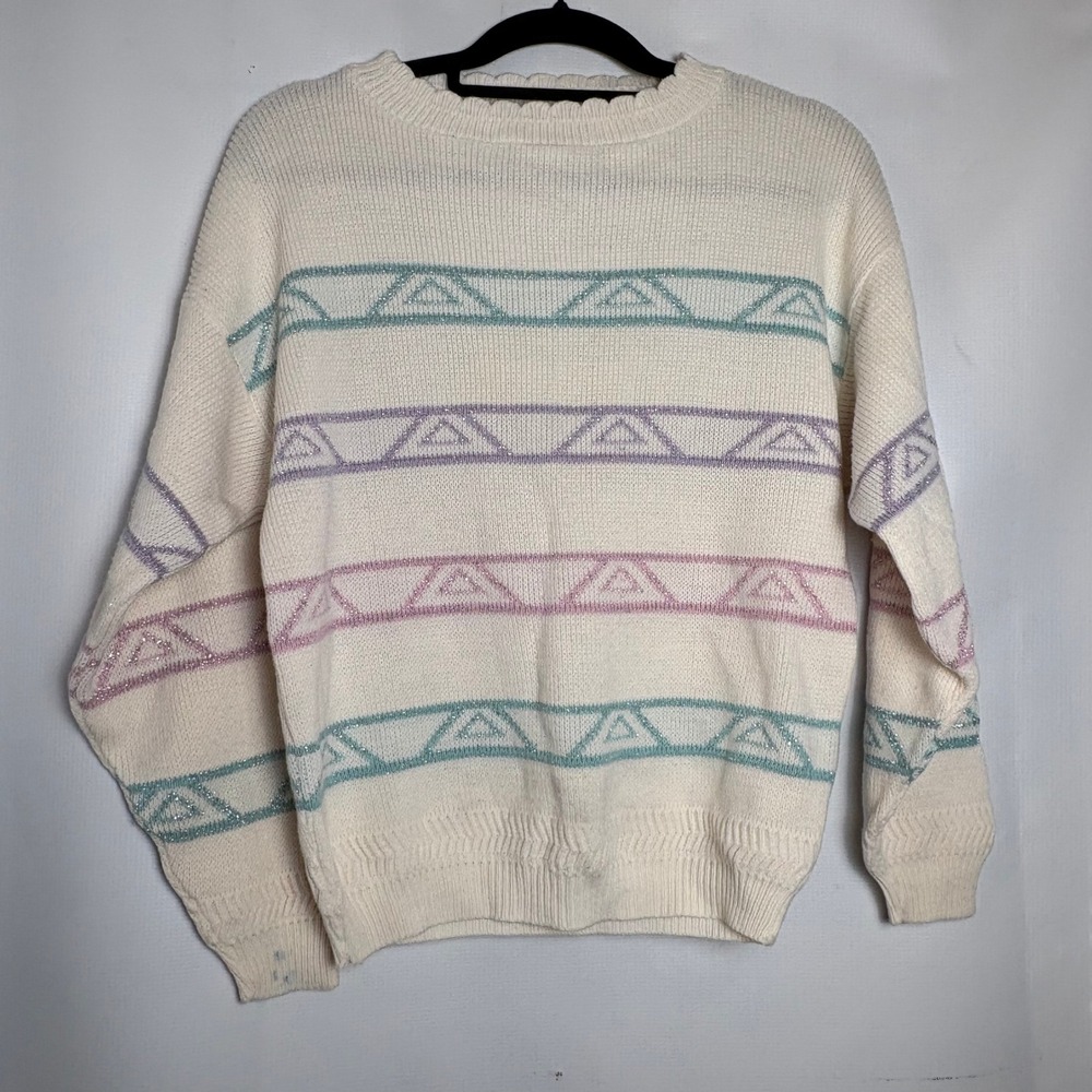 Vintage Cream Metallic Geometric Stripe Crewneck Sweater USA Made Sz Med Petite